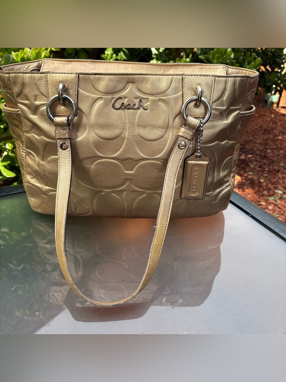 Coach Metallic Gold Embossed Leather Tote Bag